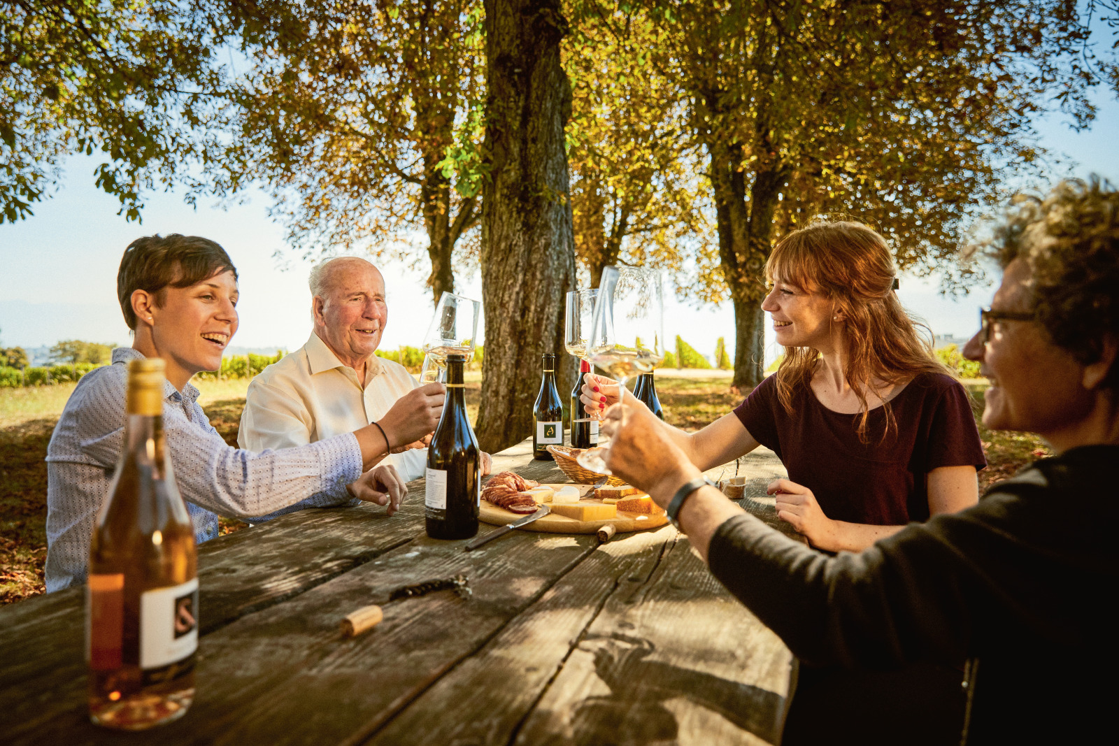Groupe de 4 personnes dégustant un vin vaudois dans un vignoble de la Côte AOC.
